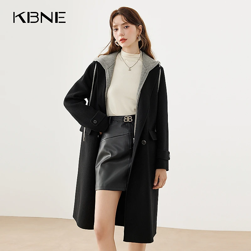 【商场同款】100%羊毛纯色毛呢外套女kbne2023秋冬可拆卸连帽外套