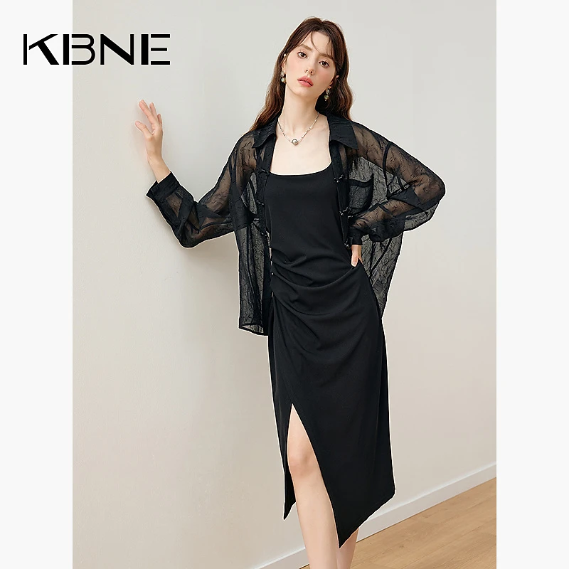 KBNE套装女2025新款爆款洋气法式慵懒风两件套黑色蕾丝外套吊带裙