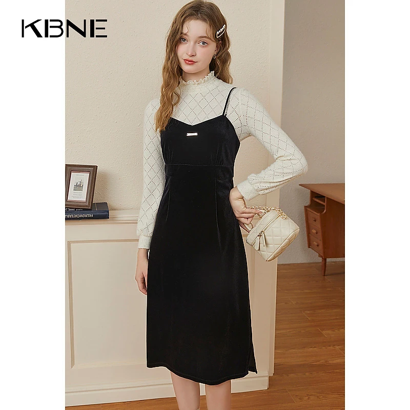 连衣裙女复古风丝绒吊带裙 kbne气质秋装新款收腰气质女神范裙子