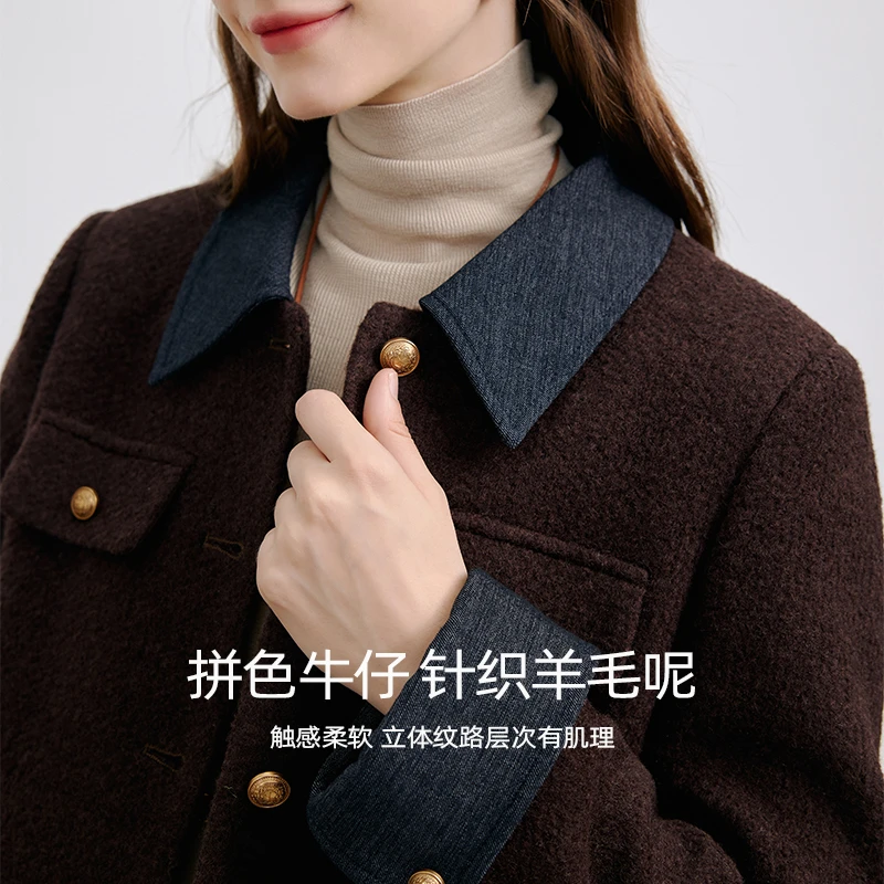 KBNE外套女秋冬新款2025爆款短款复古牛仔拼接撞色毛呢外套百搭