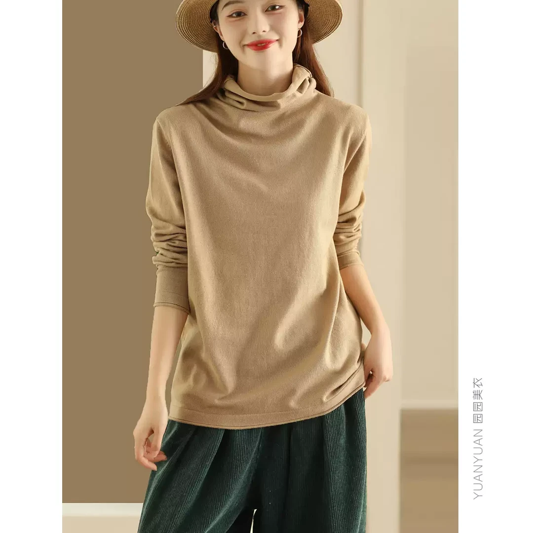 园园美衣新款复古全棉线针织毛衣时尚纯色高领打底衫显瘦套头上衣