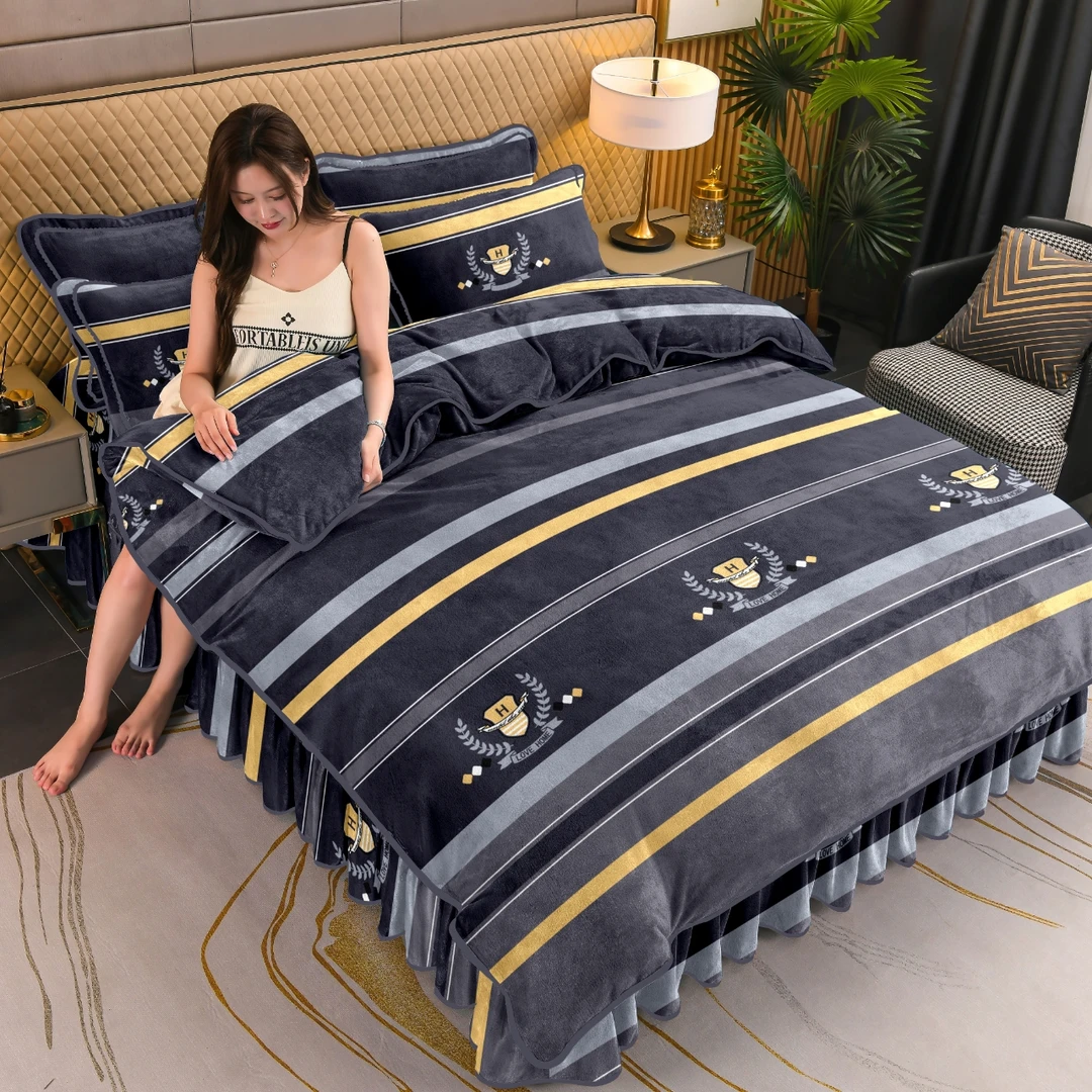 加厚冬季牛奶绒四件套新款双面绒床裙款加绒冬天保暖床上用品被套