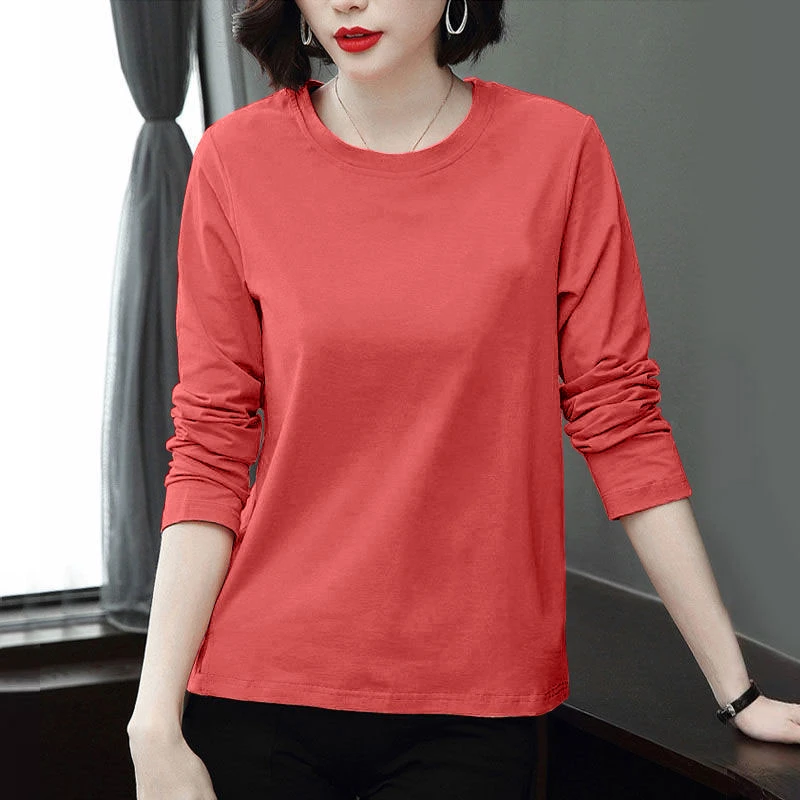 100%纯棉t恤女长袖上衣春秋大码内搭秋衣女士高档中年妈妈打底衫