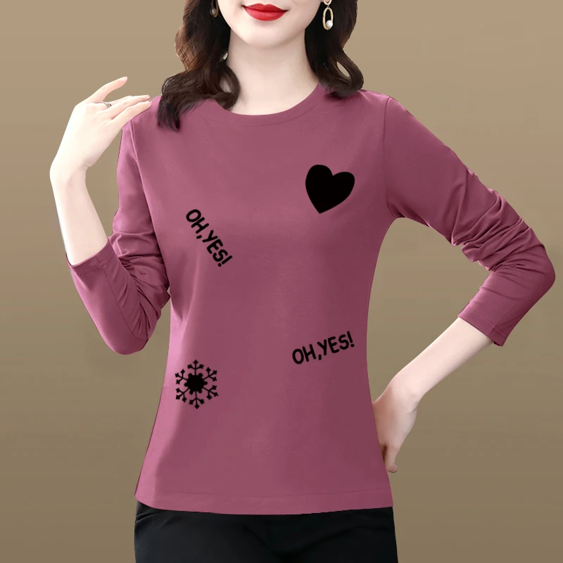 女士时尚百搭长袖t恤女秋衣纯棉上衣100%全棉春秋款妈妈装打底衫