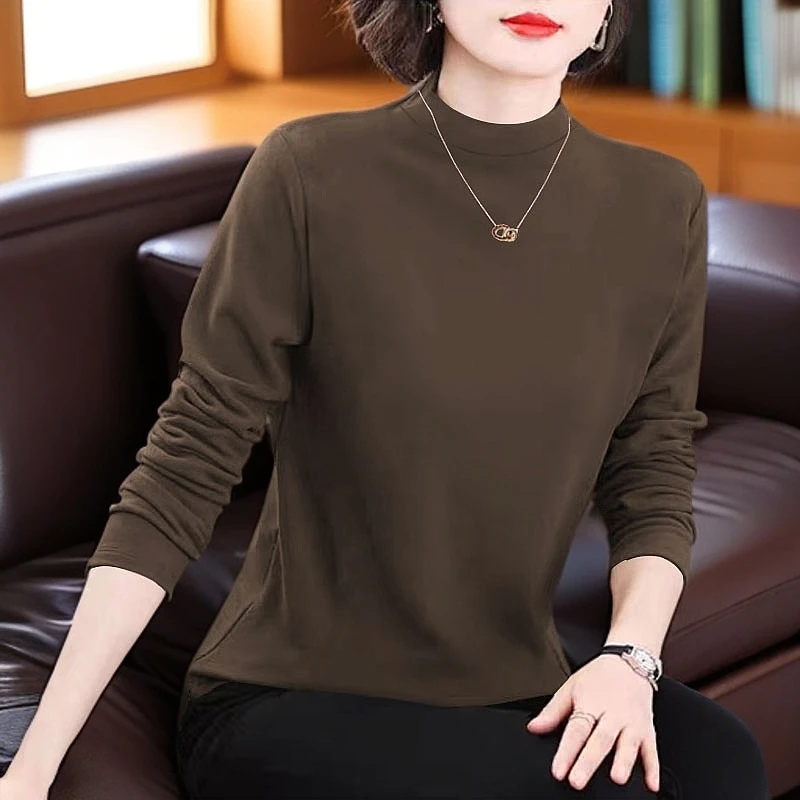秋冬双面德绒上衣女长袖洋气妈妈装中高领女士纯色保暖内搭打底衫