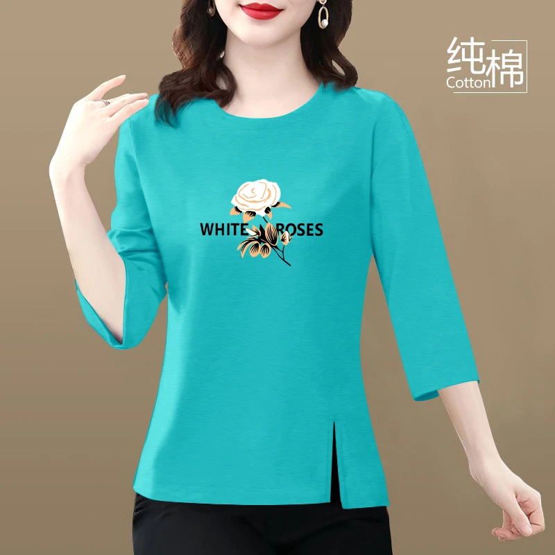 女士高档正肩纯棉短袖T恤夏季新款半袖妈妈装中老年时尚开叉上衣