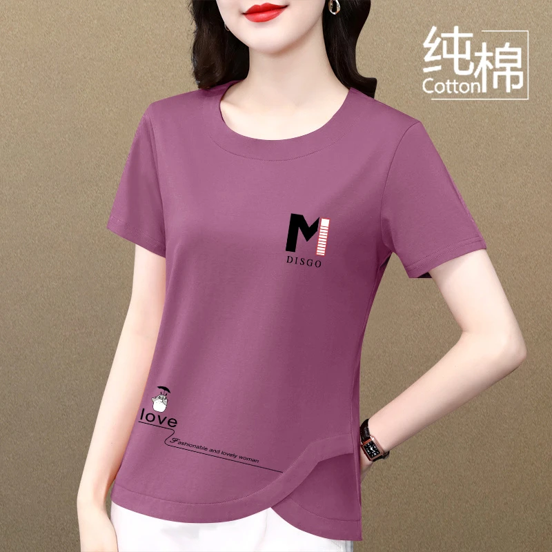 纯棉短袖t恤女士高档正肩夏2023新款宽松圆领不规则上衣印花体恤