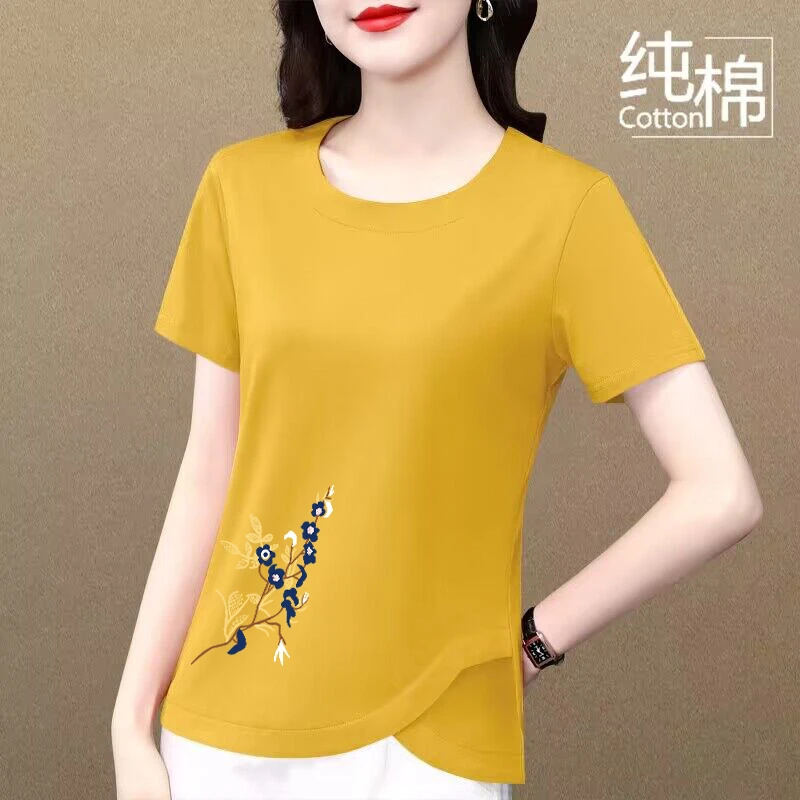 100%纯棉短袖t恤女夏季女士高档夏天女款宽松大码简约风全棉上衣