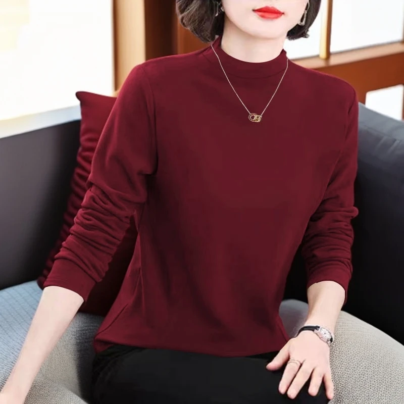 秋冬双面德绒上衣女长袖妈妈装衣服秋衣半高领女士保暖内搭打底衫