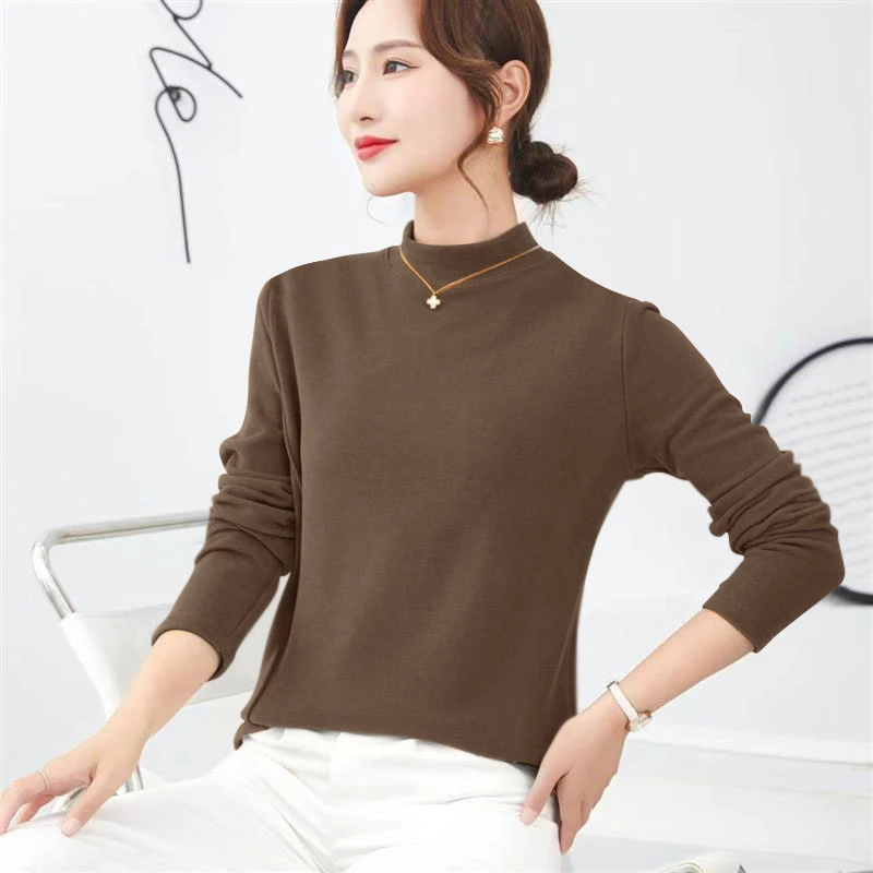 秋冬双面德绒上衣女长袖洋气小个子秋衣女士半高领保暖内搭打底衫