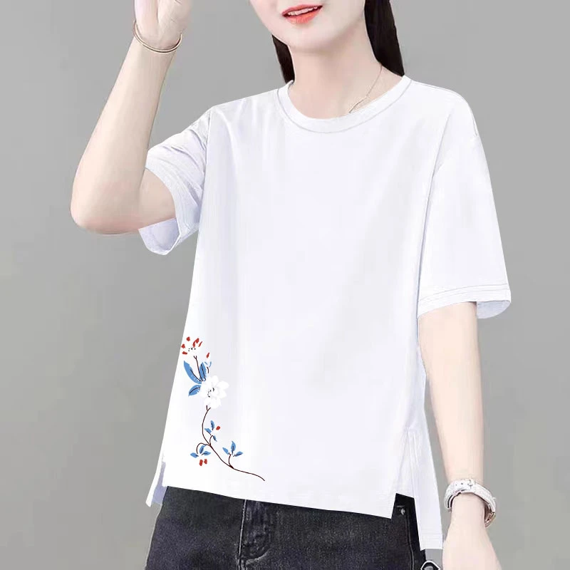 100%纯棉短袖t恤女夏季宽松女款夏天百搭大码上衣透气圆领体恤衫