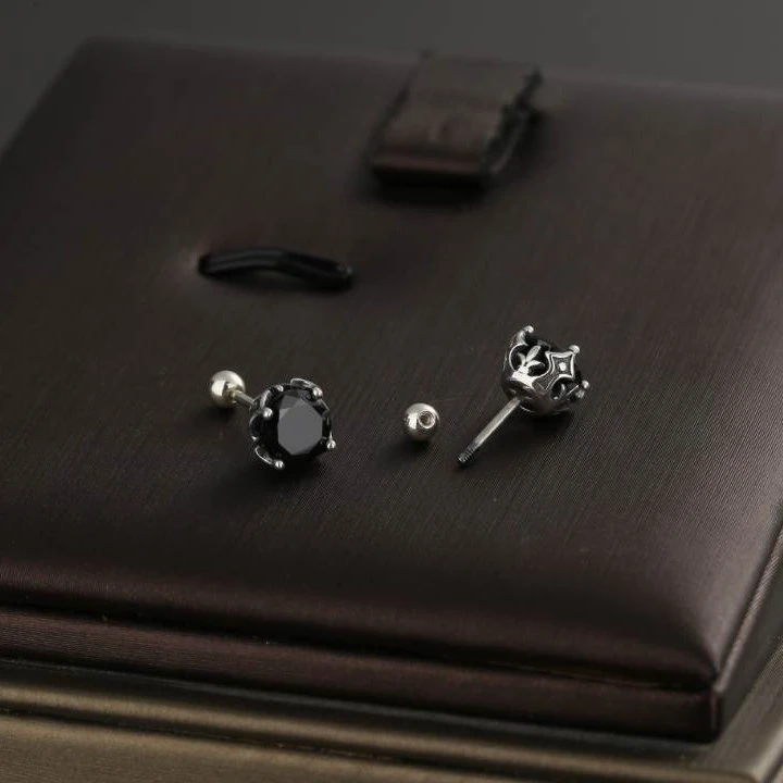 奢古拉 925银合成锆石耳饰 复古克罗扭螺丝耳钉YED001-1黑