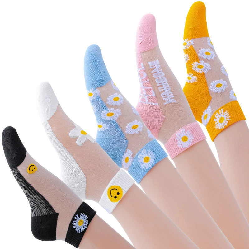 小雏菊袜子女短袜ins潮夏天季镂空透气女薄款玻璃丝水晶隐形船袜