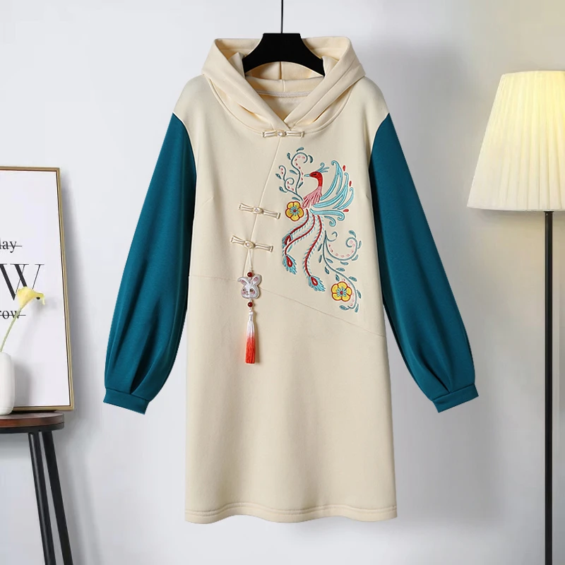 映晴新中式复古国风刺绣改良版汉服卫衣连衣裙女加绒加厚秋冬新款