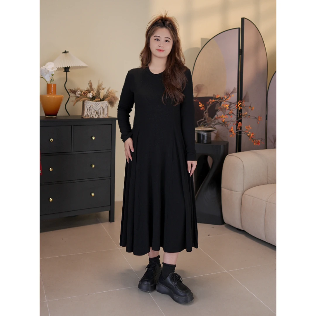 映晴小黑裙圆领打底裙百搭连衣裙长袖大裙摆内搭加绒半高领长裙8