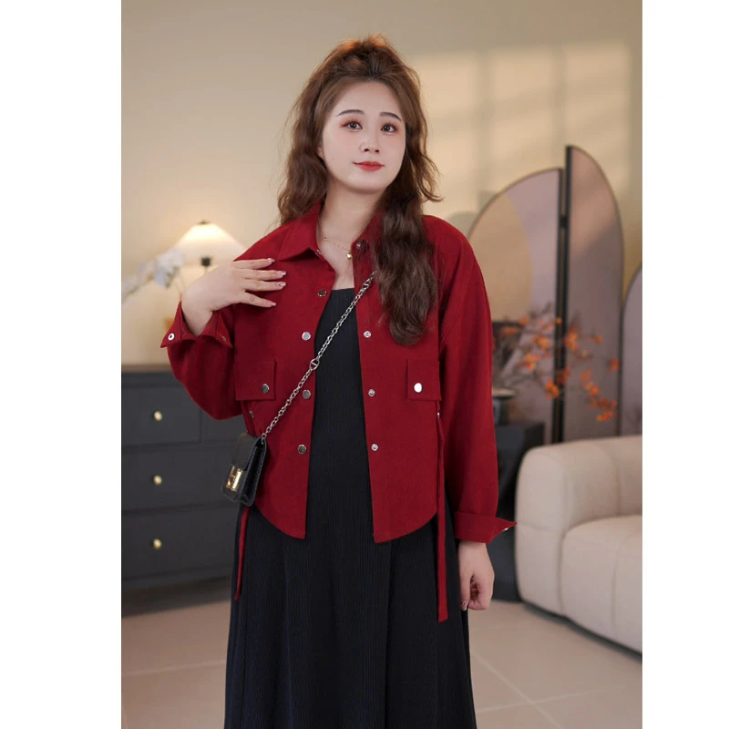 映晴大码女装红色蝙蝠长袖衬衫外套女宽松遮肚子背心裙两件套4