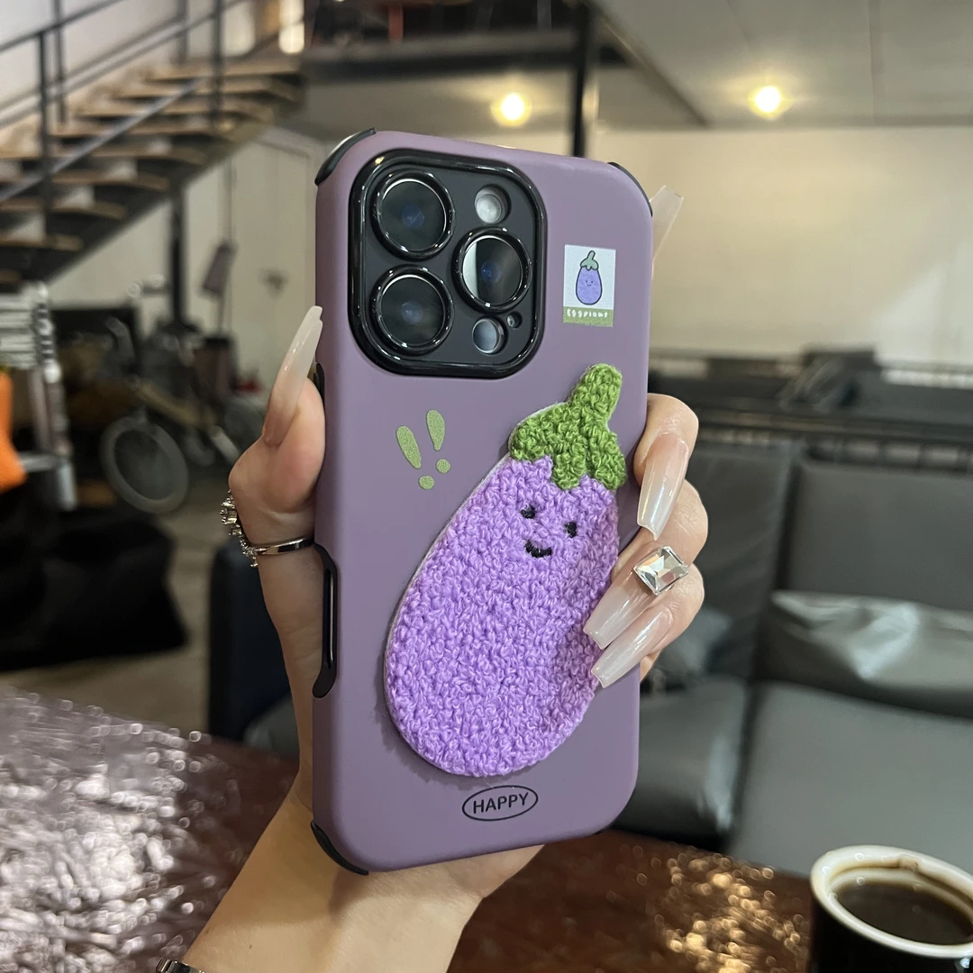 ins风毛绒紫茄子适用iPhone16promax手机壳15防摔苹果14全包13