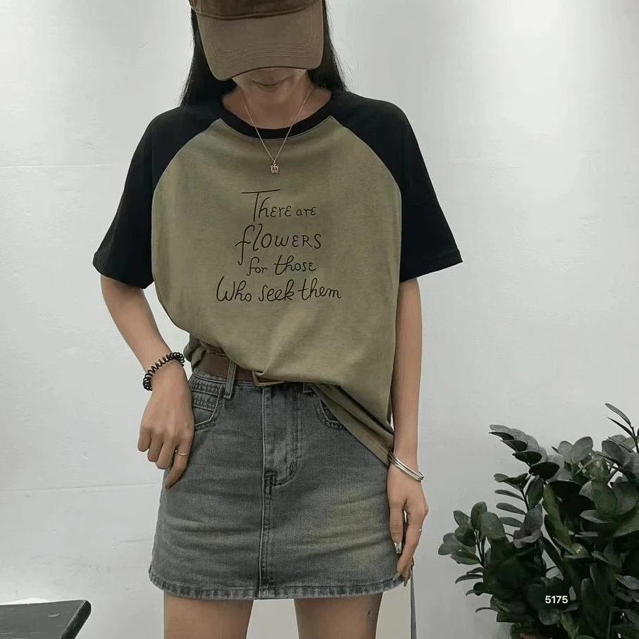 D045女装夏季新款T字母擦肩袖T恤5175