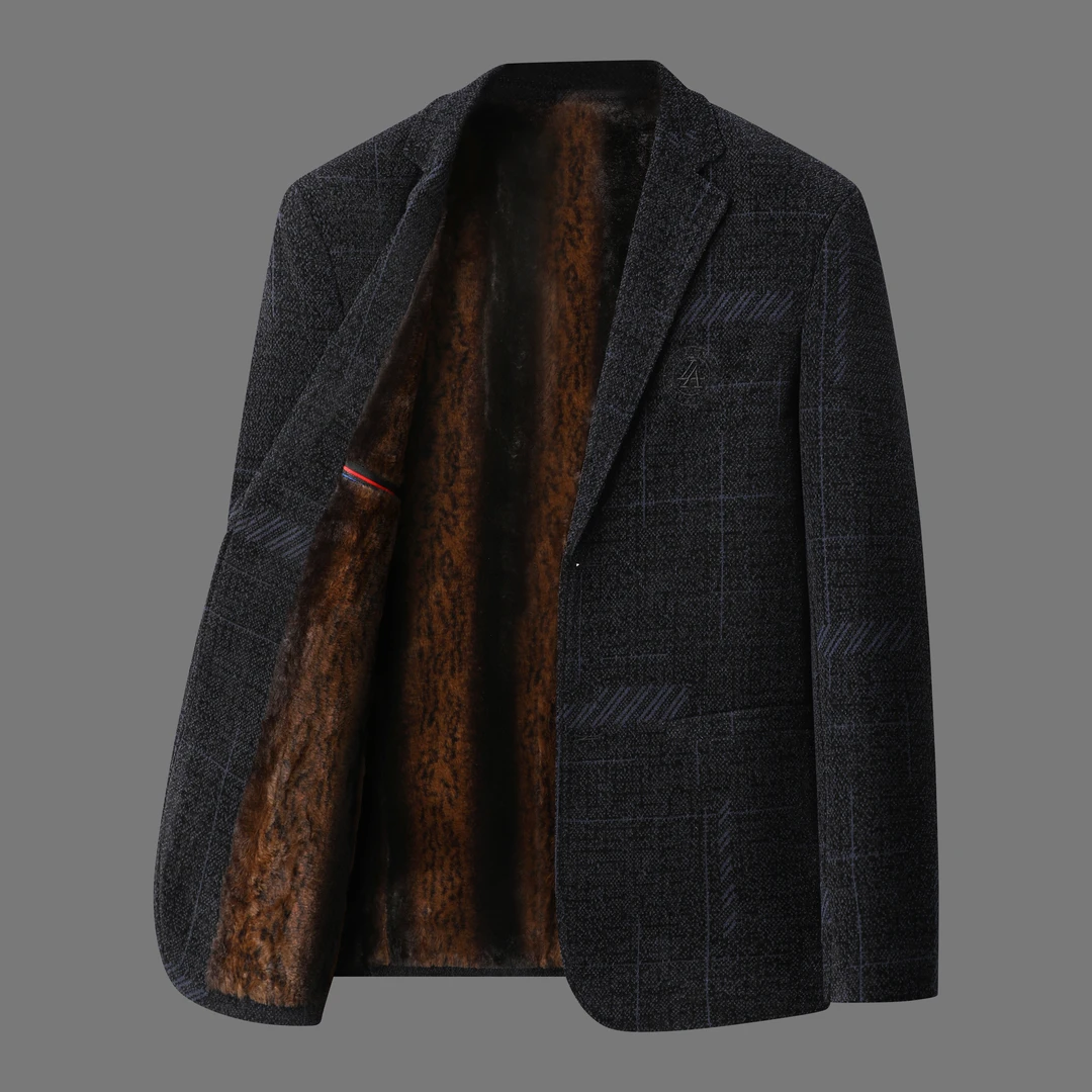 绒加厚西服男士秋冬季毛呢子外套保暖休闲中老年爸爸雪尼尔西装