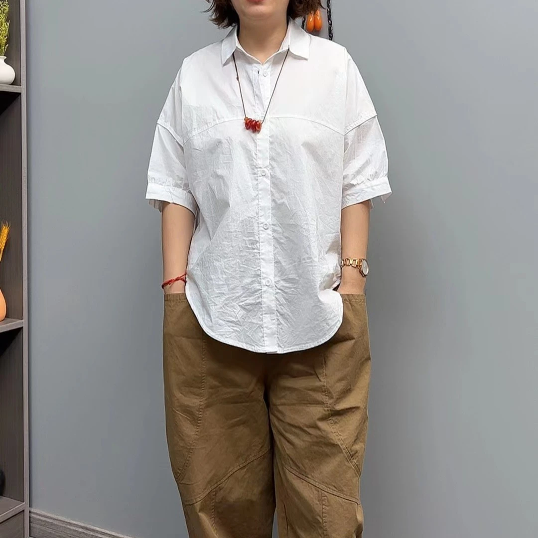 2022新款夏款水洗棉休闲时尚百搭小白衫短袖纯色宽松夏季衬衫复古