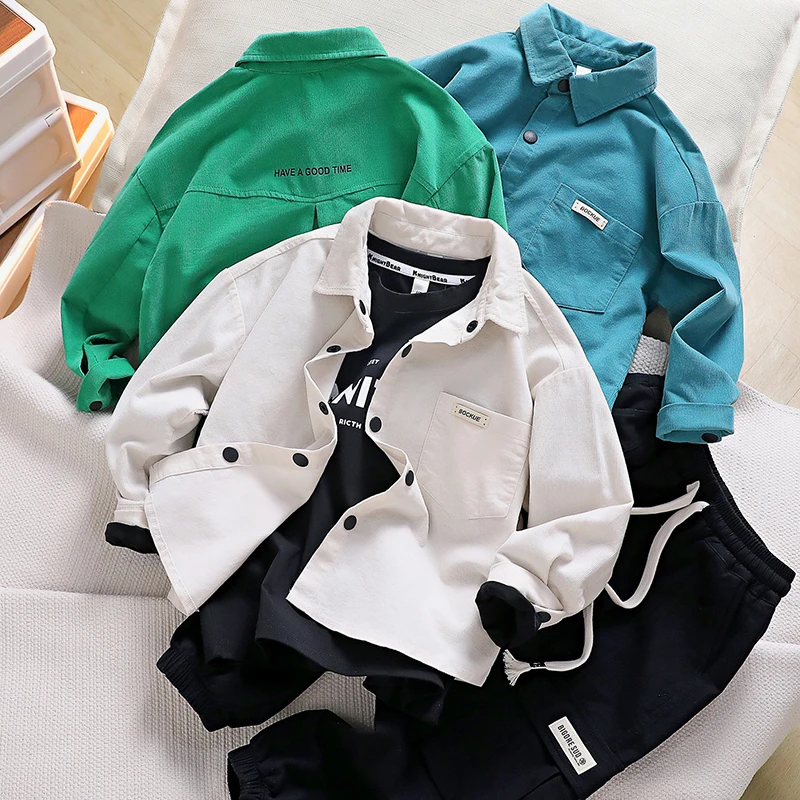 儿童男童秋季新款口袋竖纹休闲衬衫中大童翻领百搭上衣8976