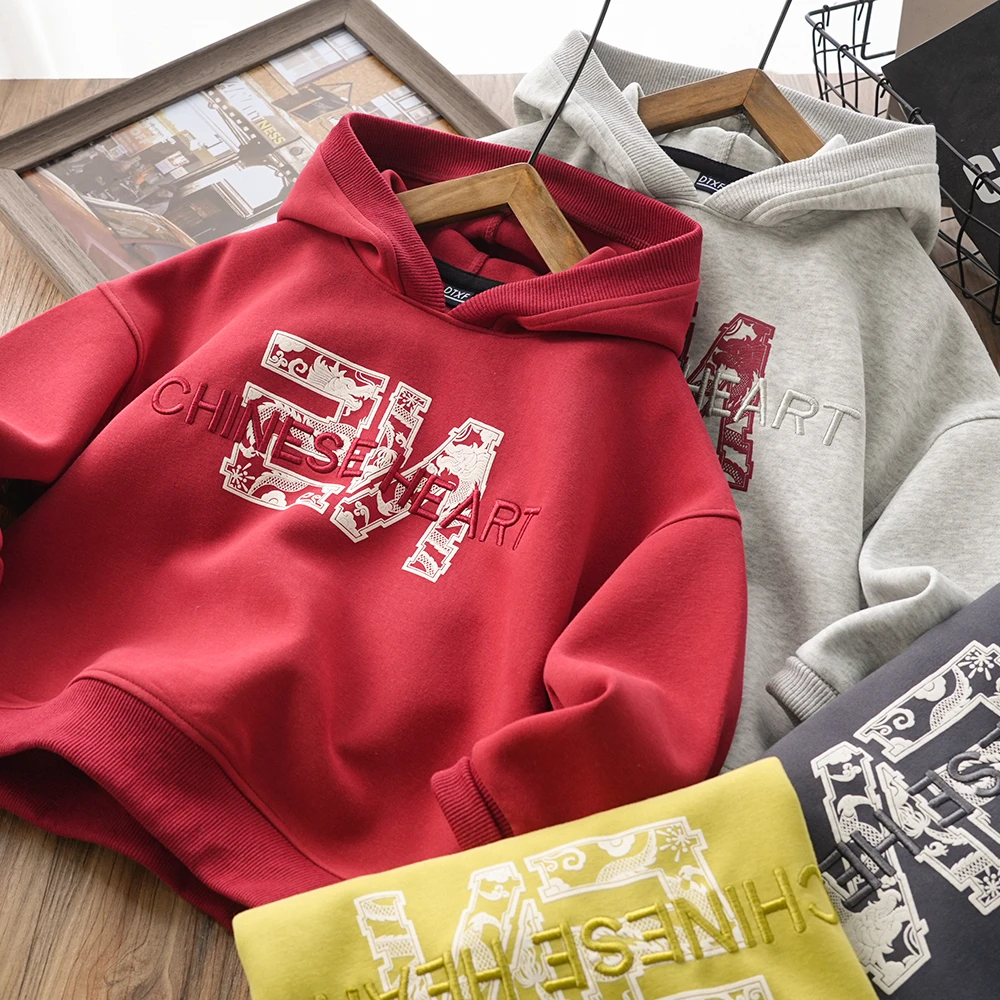 男童儿童春秋新款年款字母刺绣喜庆连帽卫衣中大童休闲洋气26108