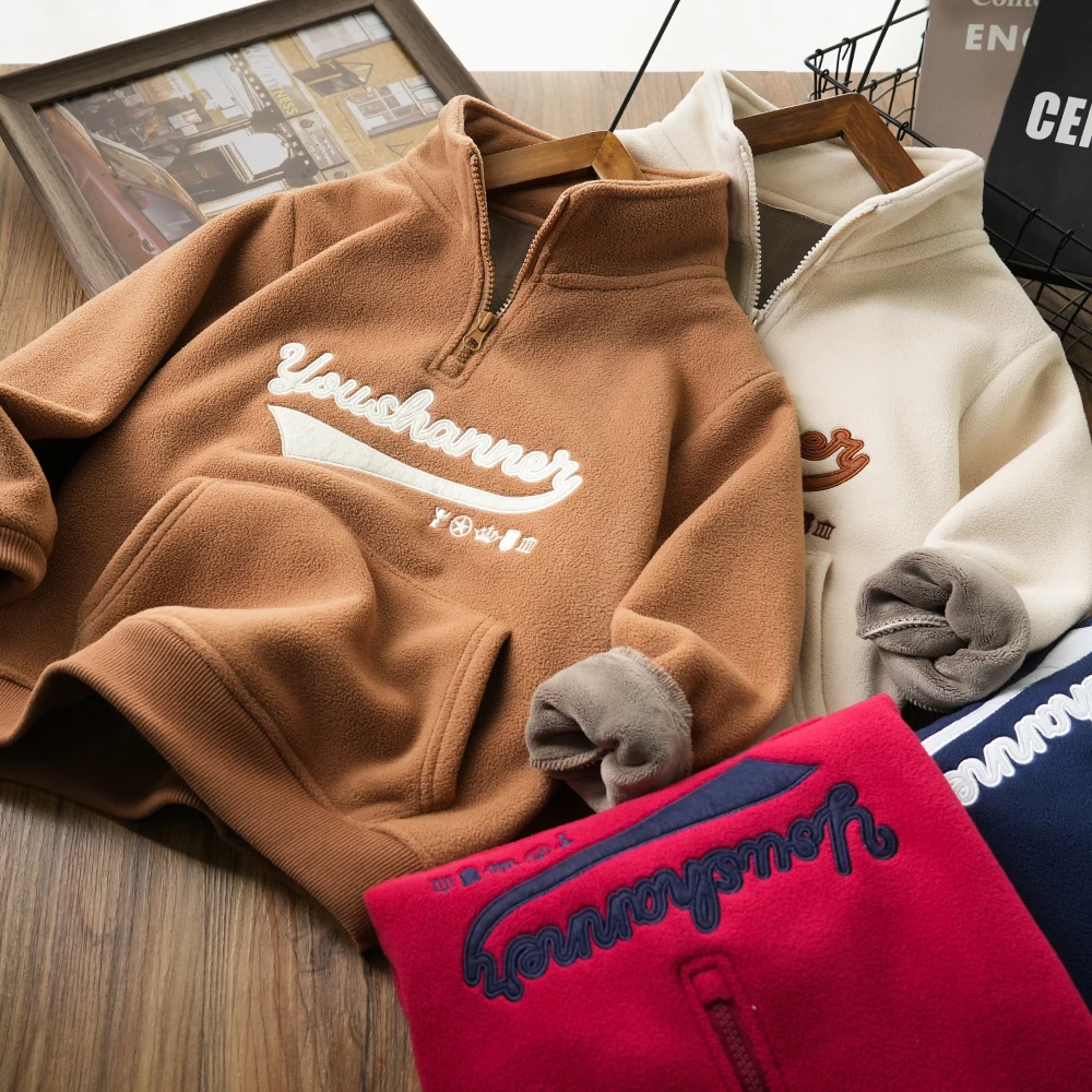 儿童冬季开领字母刺绣双面绒卫衣中大童男童保暖口袋上衣M179