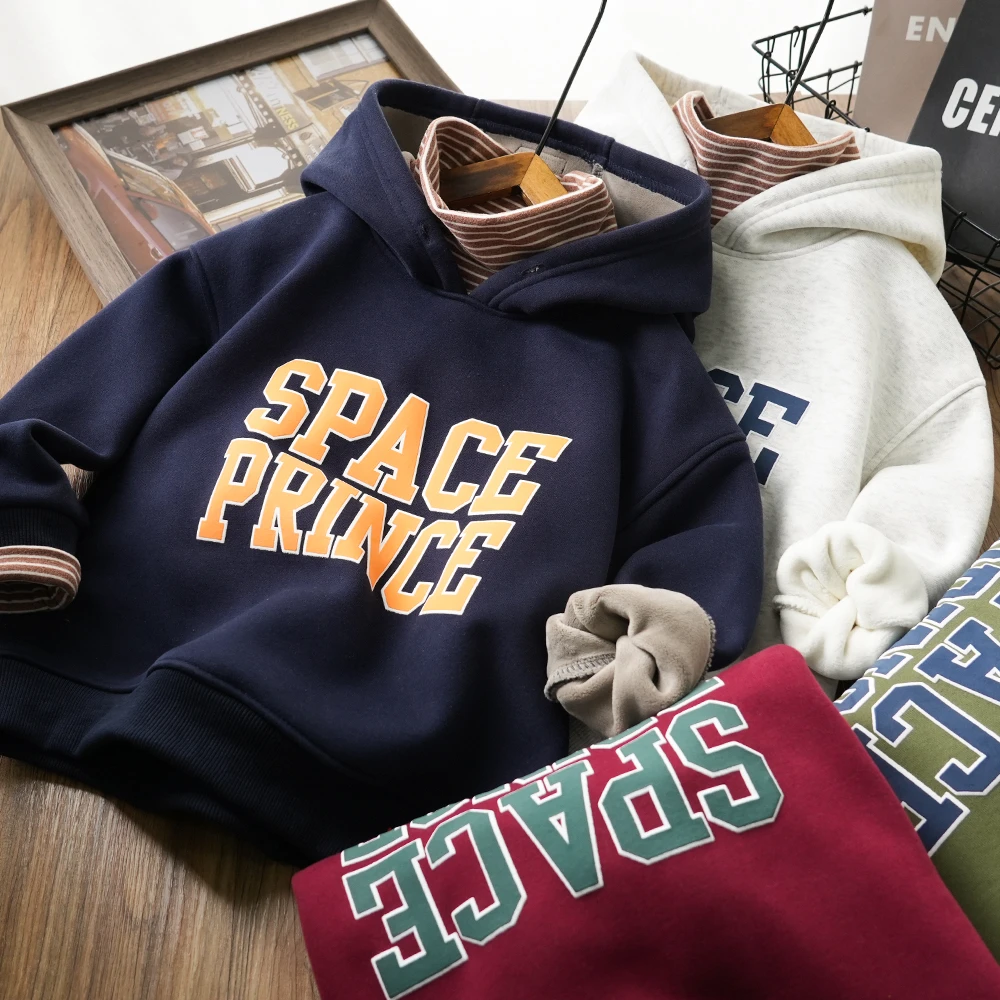 男童儿童秋冬字母印花假两件连帽加绒卫衣中大童洋气上衣S813