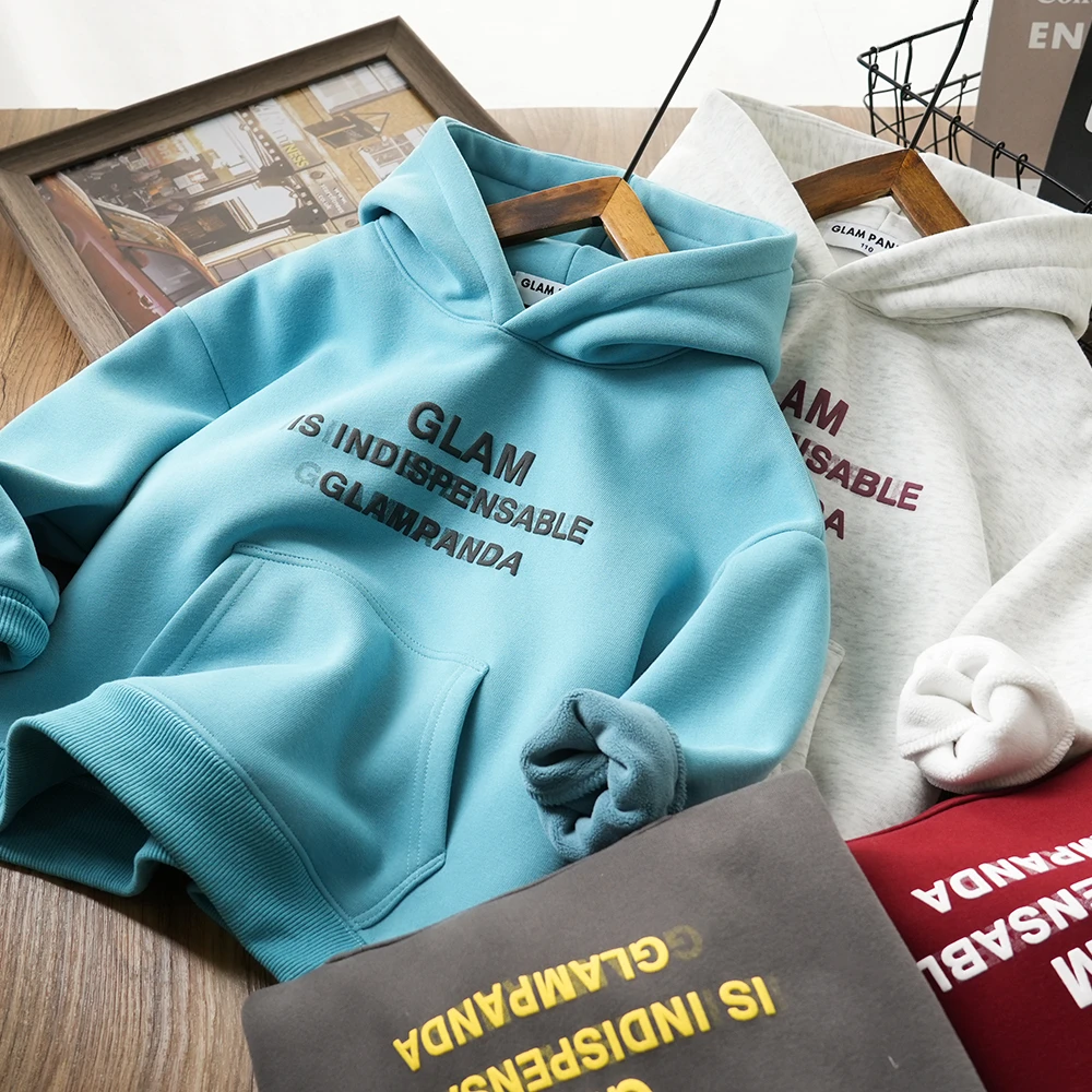 男童秋冬字母印花口袋百搭连帽加绒卫衣中大童休闲上衣1003