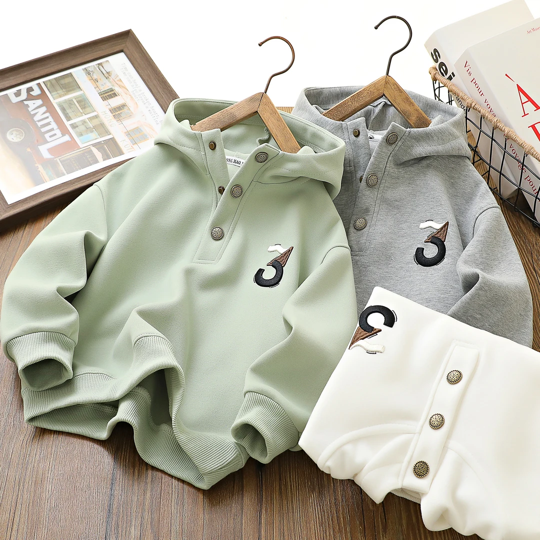 男童儿童春秋新款3刺绣开领连帽卫衣中大童洋气上衣7030