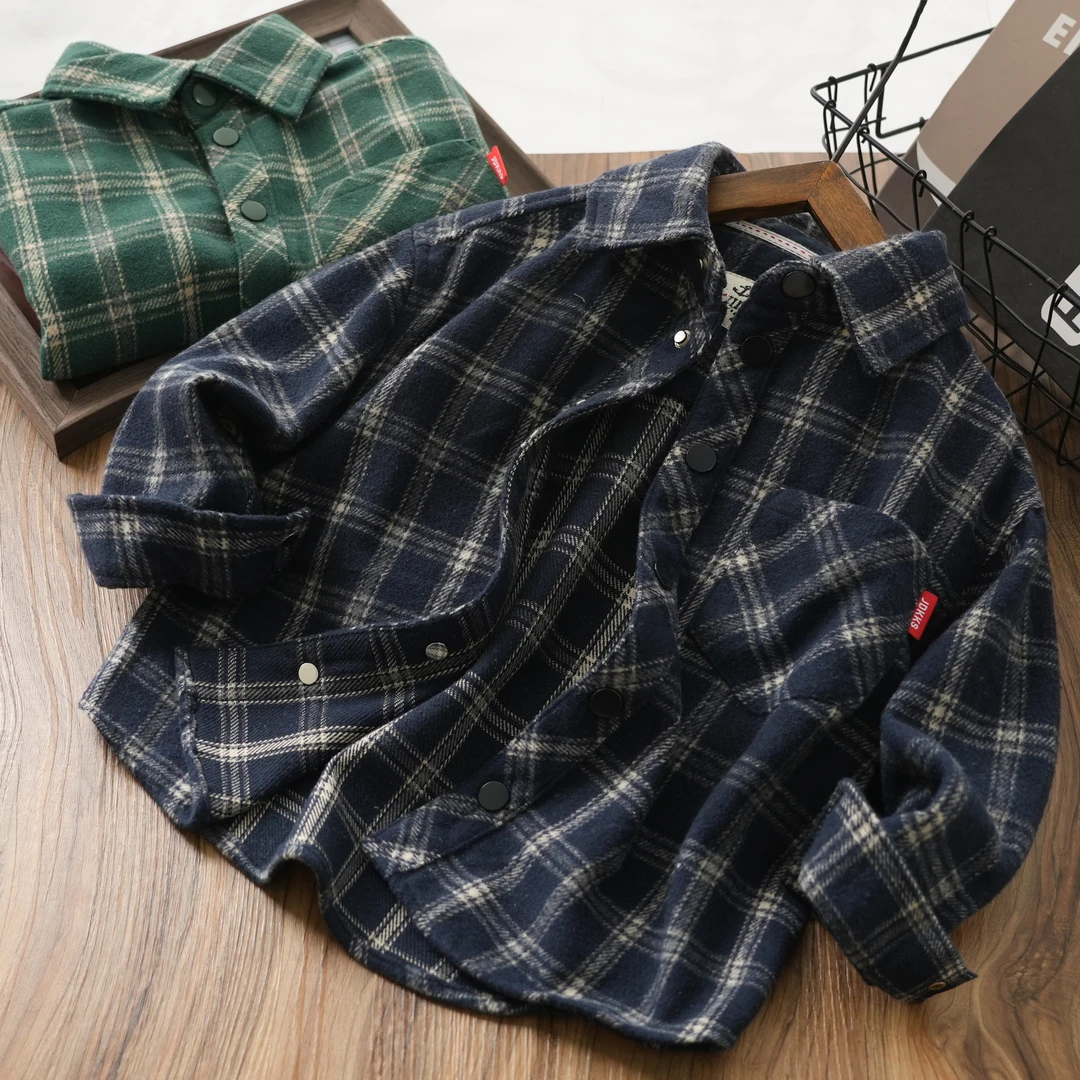 5640儿童男童春秋新款休闲格子衬衫中大童翻领洋气上衣