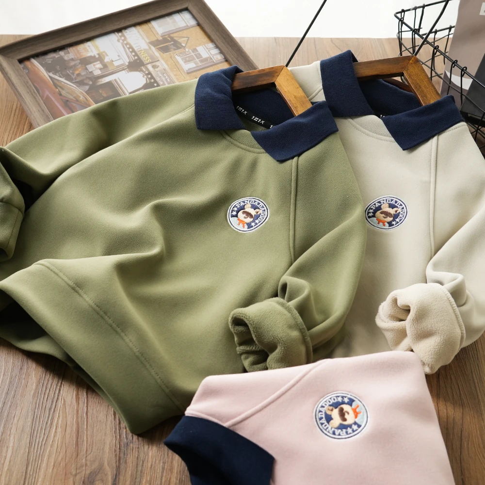 儿童秋冬小熊刺绣假两件翻领防风加绒卫衣中大童百搭上衣6702