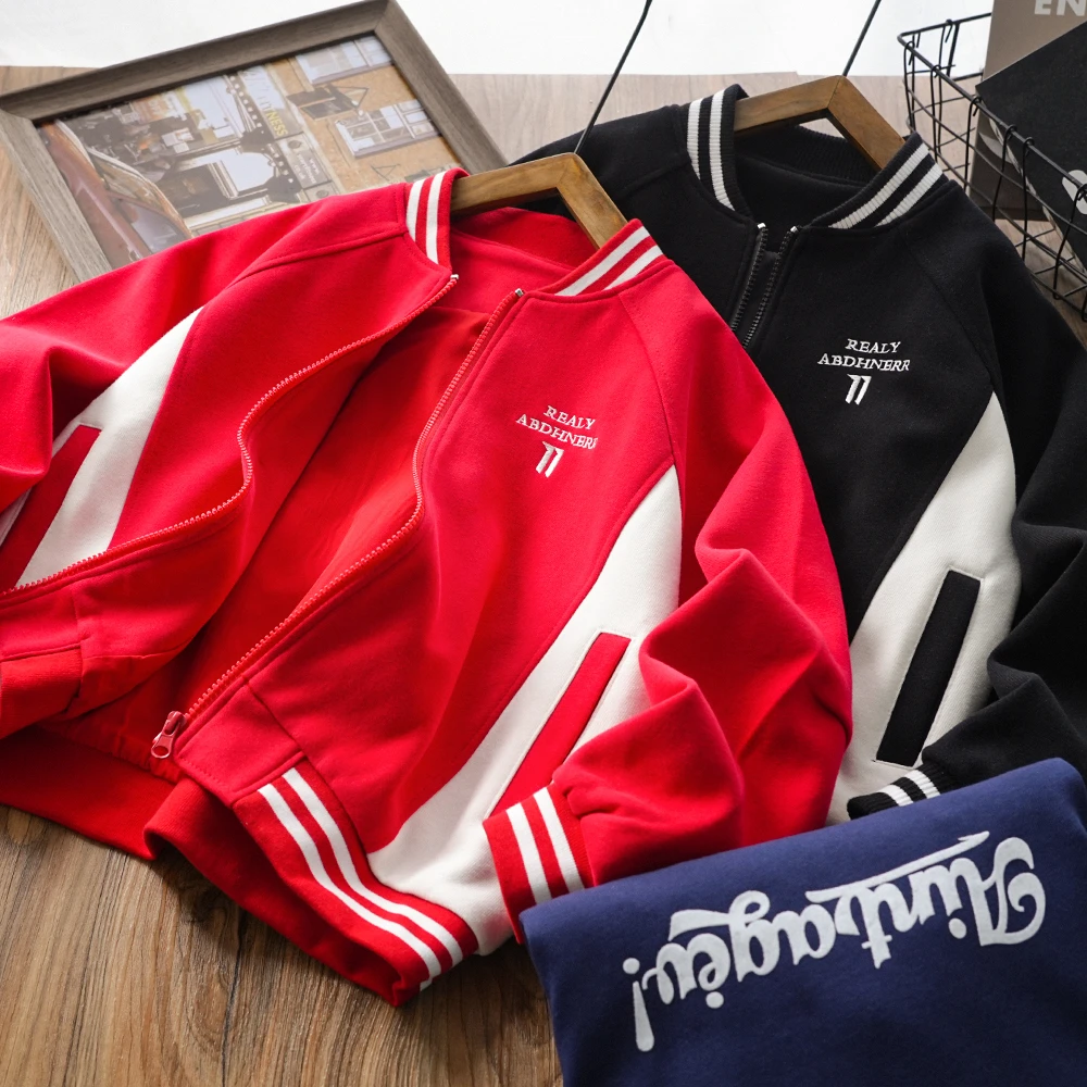 儿童男童春秋新款字母刺绣拼接口袋棒球服外套中大童洋气6616