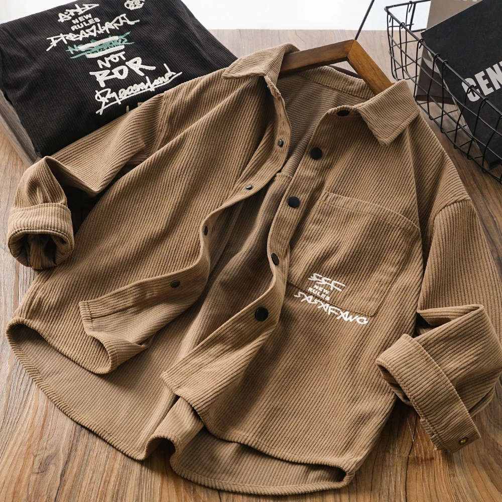 儿童男童春秋新款字母印花口袋灯芯绒衬衫中大童翻领上衣5302