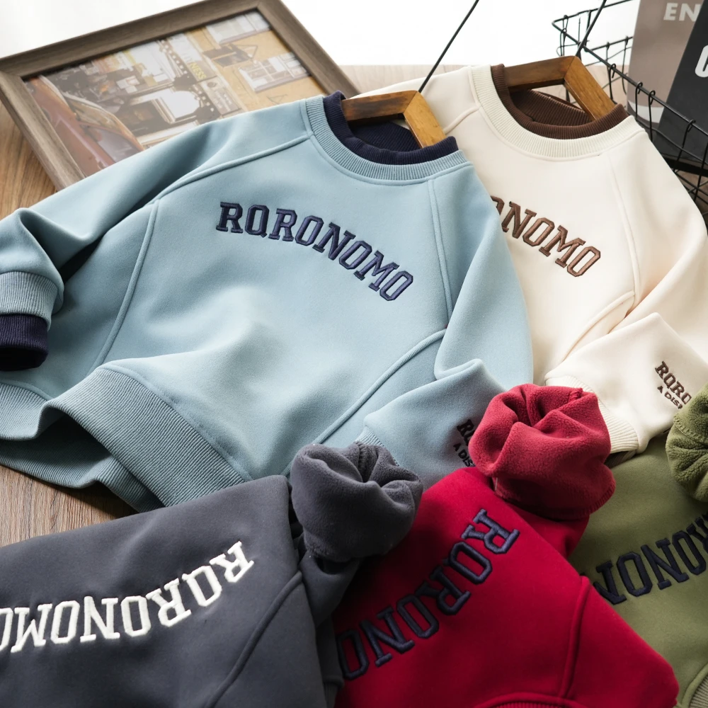 男童秋冬字母刺绣拼接假两件防风卫衣中大童儿童加绒上衣26239