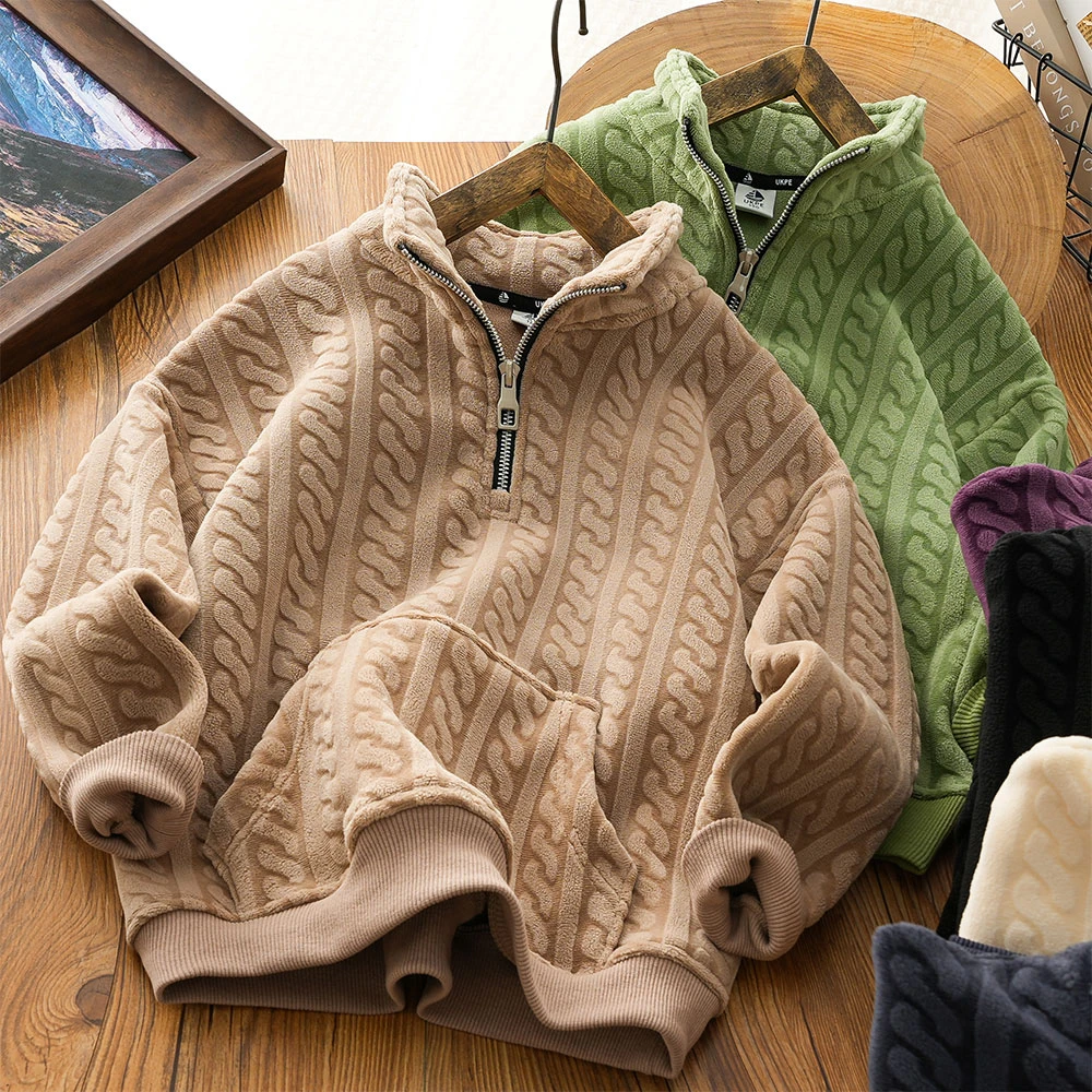男童儿童冬季新款时尚提花开领双面绒卫衣中大童保暖上衣24D03