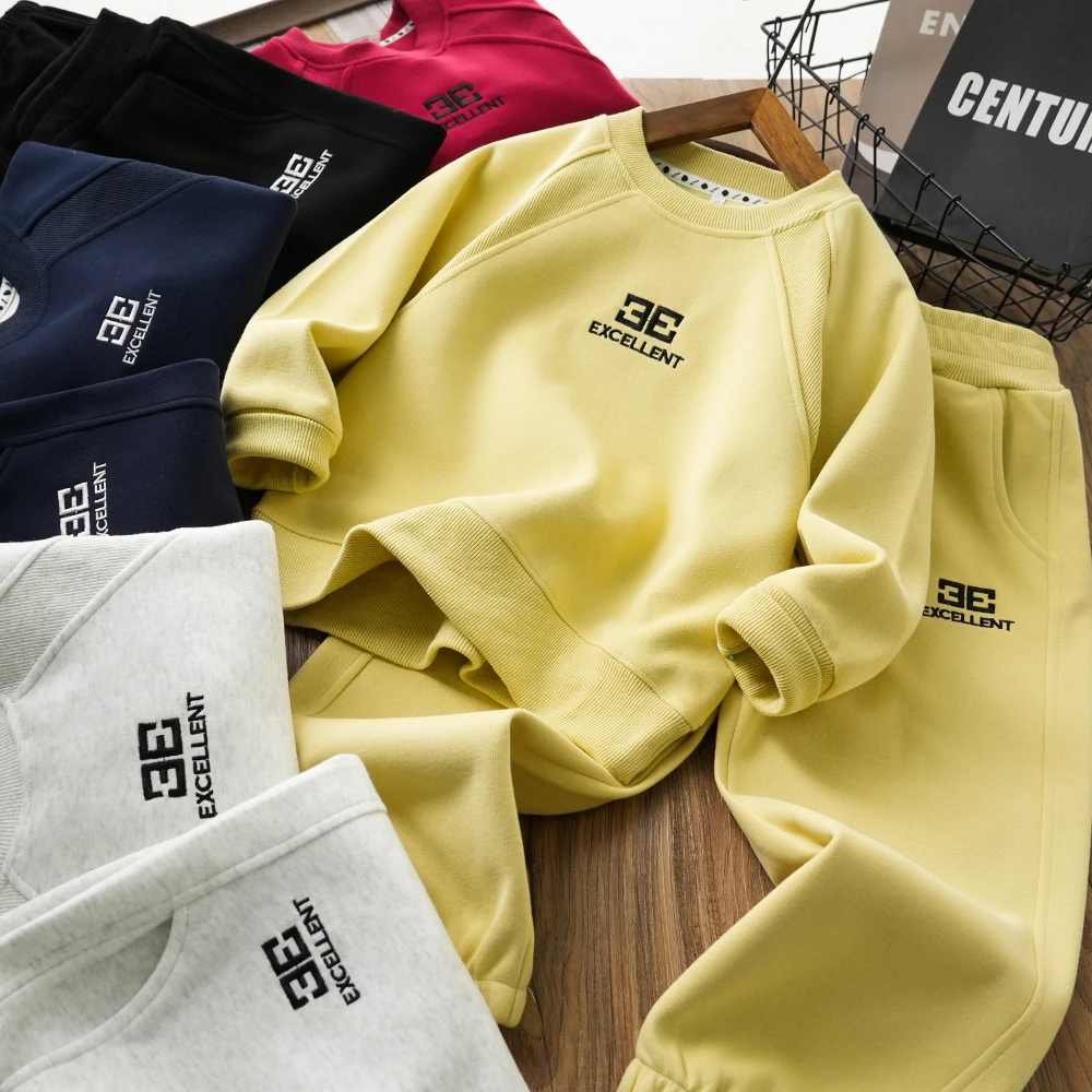 儿童男童秋季新款字母刺绣百搭拼接卫衣套装中大童两件套37057