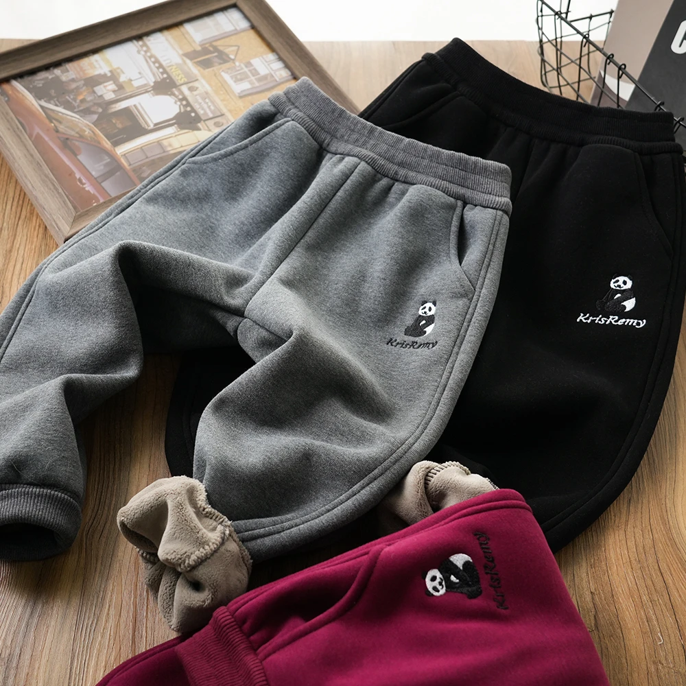 男童秋冬熊猫刺绣休闲加绒运动裤中大童儿童裤子百搭515