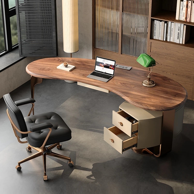 胡桃色实木轻奢现代书桌北欧设计师款大板中式办公桌高级感书房桌
