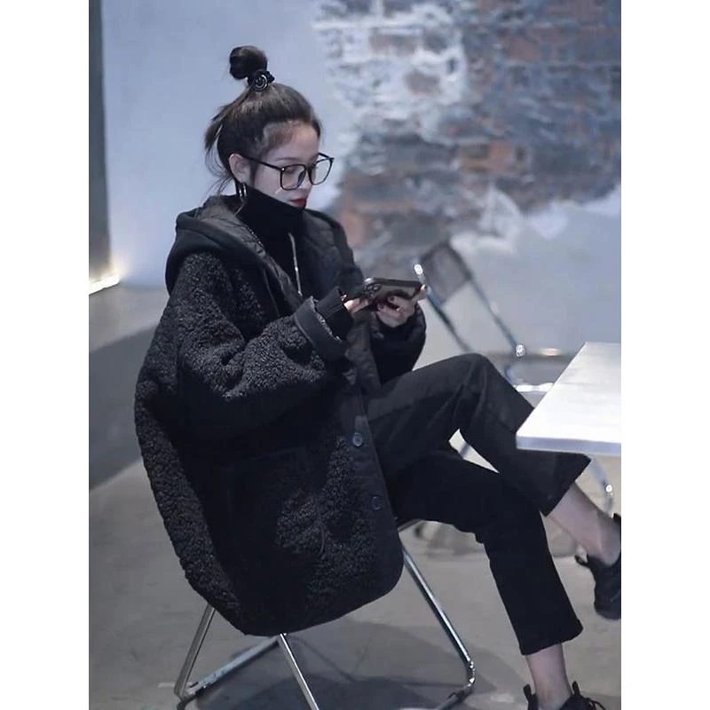 2023新款韩版加绒夹棉棉服小香风高级感炸街黑色仿羊羔毛外套女潮