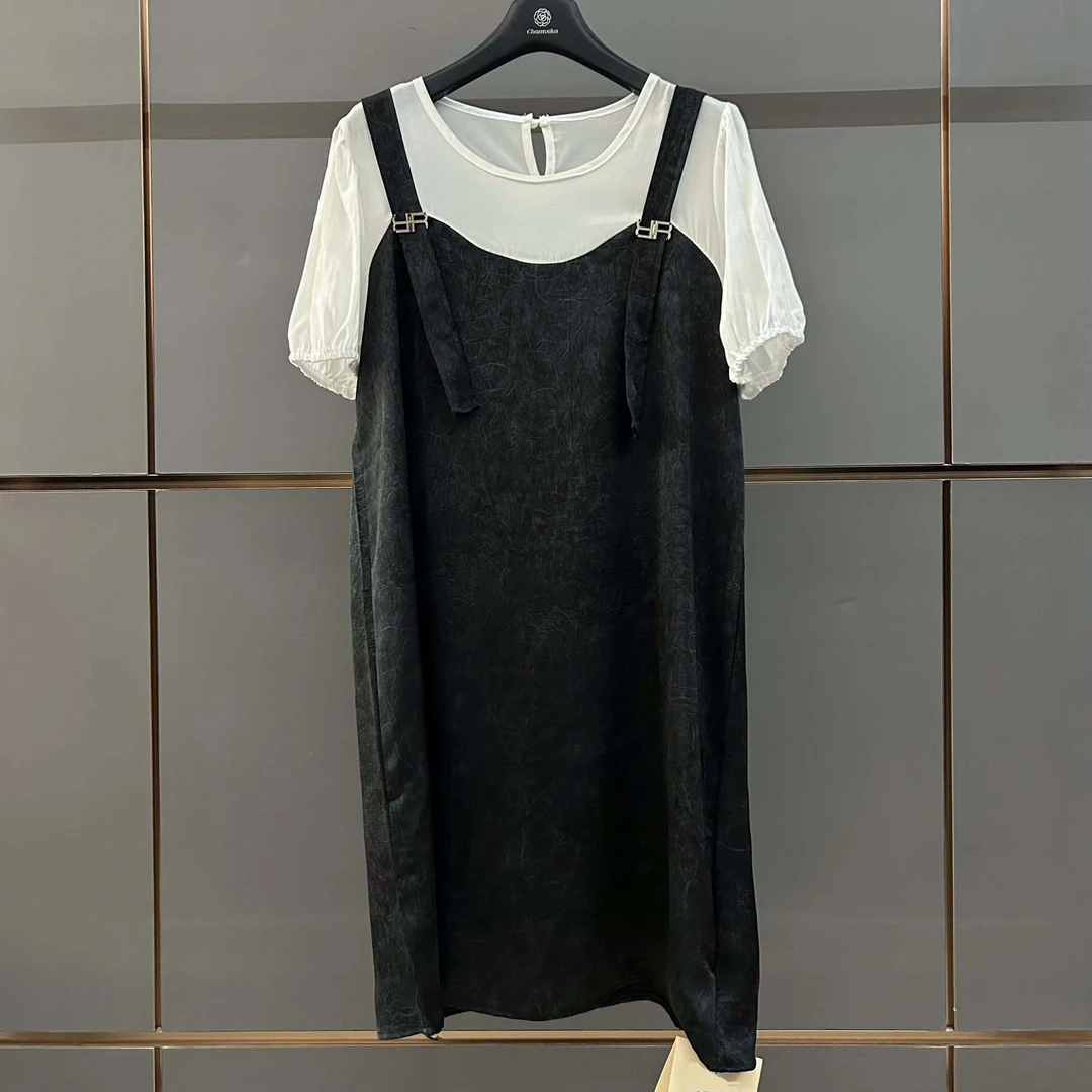 50319 夏季新款韩系假两件拼接遮肉显瘦法式扎染时尚女连衣裙诗诗