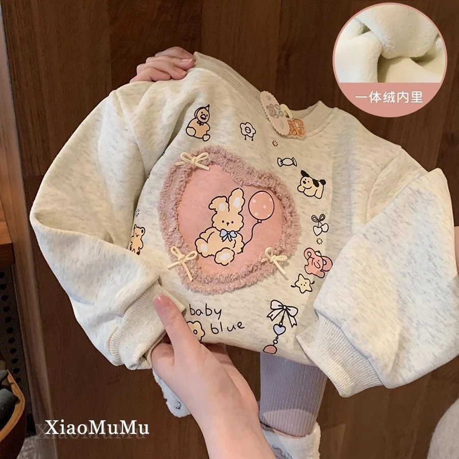 秋冬新款女童加绒加厚保暖上衣女宝宝卡通可爱打底衫套头外穿卫衣