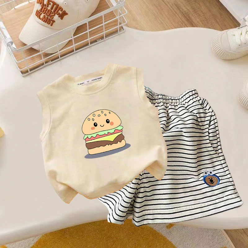 纯棉夏季儿童套装男女童无袖背心T恤短裤印花洋气休闲时尚两件套