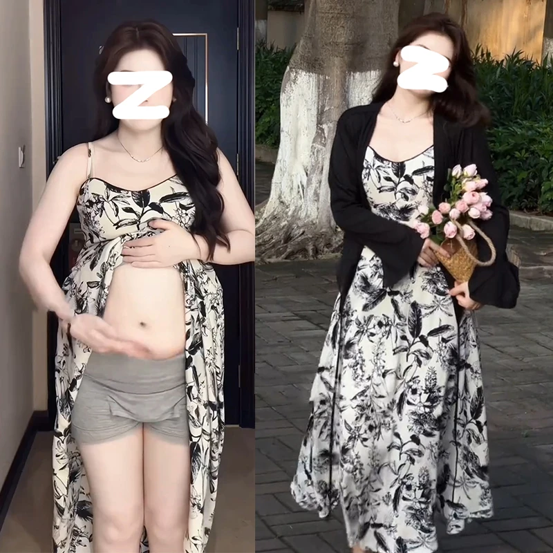 大码国风水墨印花雪纺吊带连衣裙+黑色衬衫两件套胖妹妹显瘦套装