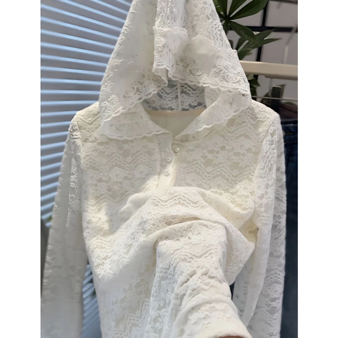 红人新品韩风时尚百搭刺绣蕾丝磨毛秋冬打底连帽蕾丝衫轻奢上衣