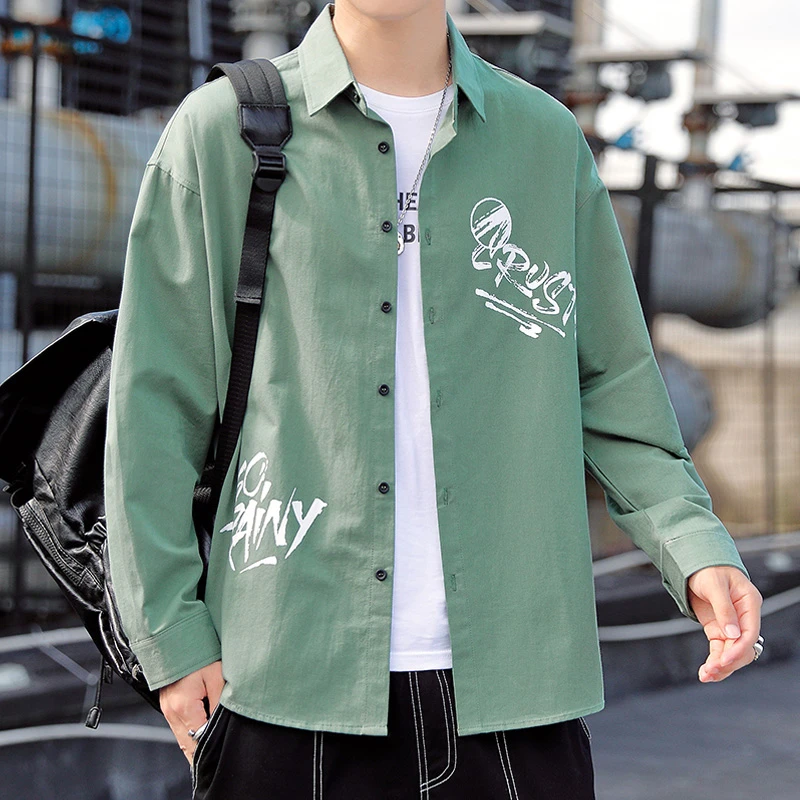 春秋季2024新款男士休闲长袖衬衫潮流宽松纯棉印花工装衬衣外套男