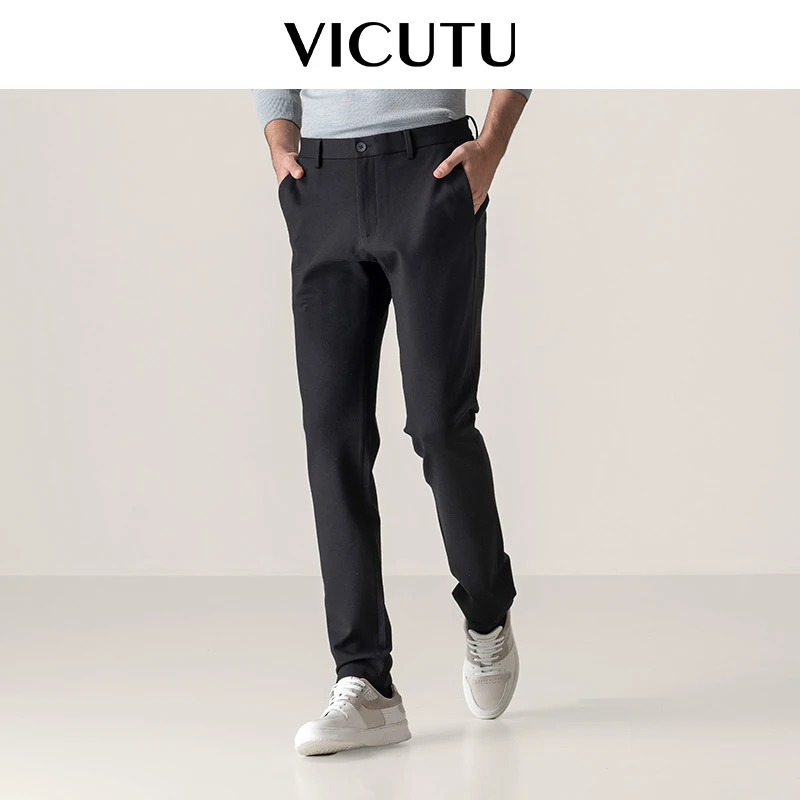威可多VICUTU男士休闲裤舒适易打理时尚修身零压直筒小黑裤男裤