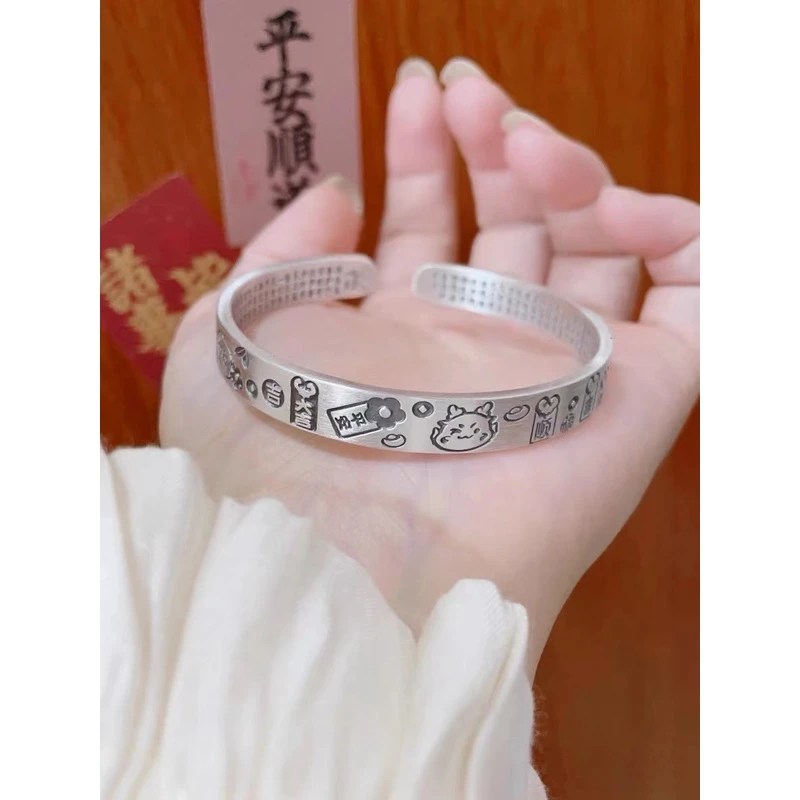 足银手镯 855 足银999.9开口复古国潮黑金平安喜乐龙手镯