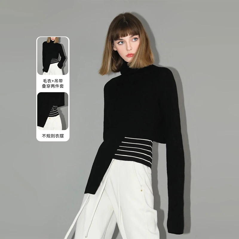 COCOBELLA不对称高领针织衫女撞色条纹吊带两件套毛衣FT0001