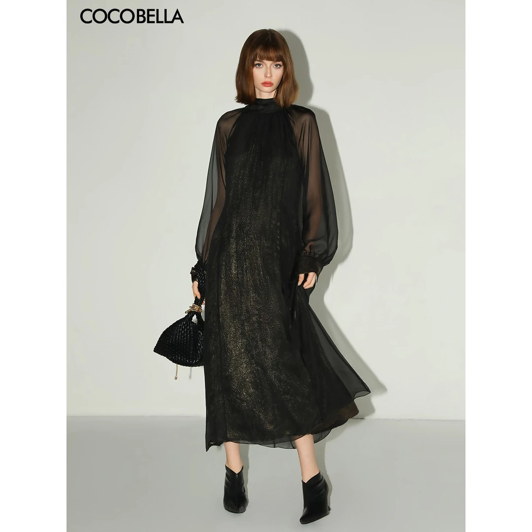 COCOBELLA[黑金]赫本风优雅小黑裙半高领假两件连衣裙FR0053【1】